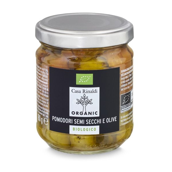 Organic semi-dried tomatoes and olives in sunflower seed oil